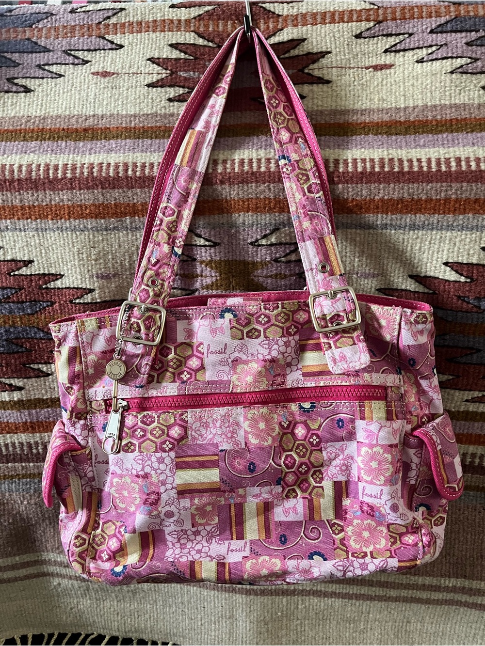 Vintage Fossil Patchwork Tote Bag Pink Canvas Shoulder Y2K Key Charm Flowers Vtg